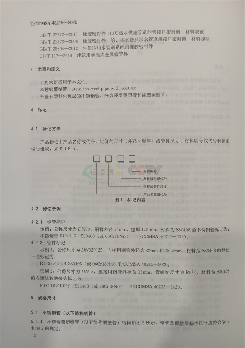 钜恒源管业参编T/CCMSA 40215-2020不锈钢水管团体标准(图2)